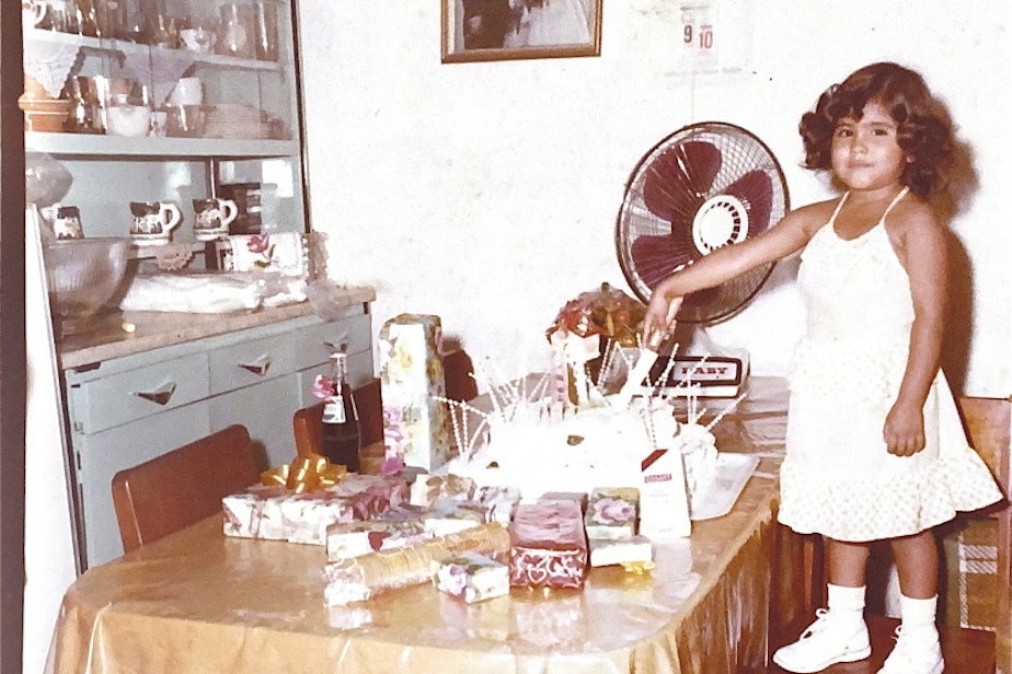 caption: Ana Iglesias on her 5th birthday in her hometown of Autlán in Jalisco, Mexico.