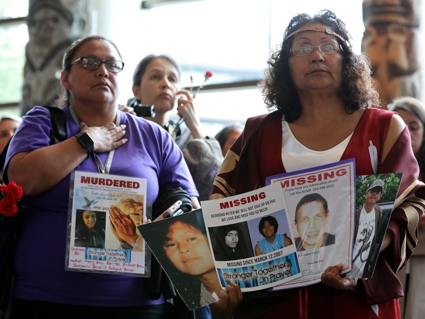 caption: Women attend the closing ceremony of the National Inquiry into Missing and Murdered Indigenous Women and Girls on Monday in Gatineau, Quebec.