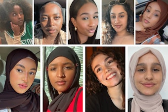 caption: Women from around the Seattle area ages 25 and younger with different makeup routines, ranging from no makeup to a “full face” of makeup. Top row from left: Ardo Hersi, Yerusalem Kamra, Nahili Mohammade, Lujain Al Ziyad, and Aliya Abdulqadir. Bottom row: Hamziye Aman, Najuma Abadir, Johannah Twa and Sadeen Al Ziyad. 