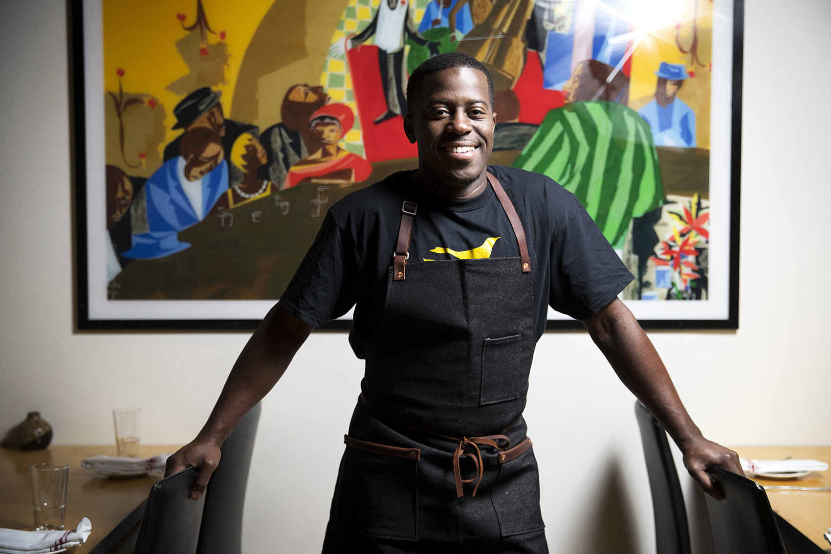 caption: Edouardo Jordan poses for a portrait on Wednesday December 6, 2017, at JuneBaby in Seattle.
