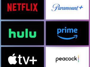 A grid of streaming service logos including: YouTube TV, Netflix, Paramount +, Max, Hulu, Prime, Fubo, Apple TV and Peacock all in front of a gradient background.