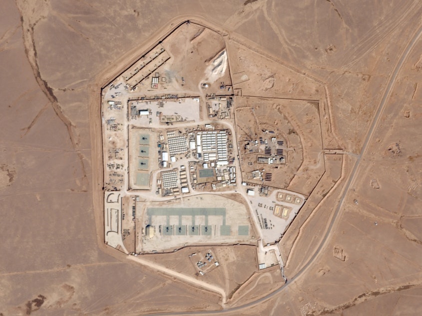 caption: A satellite view of the U.S. military outpost known as Tower 22, in Rukban, Rwaished District, Jordan, in October last year.