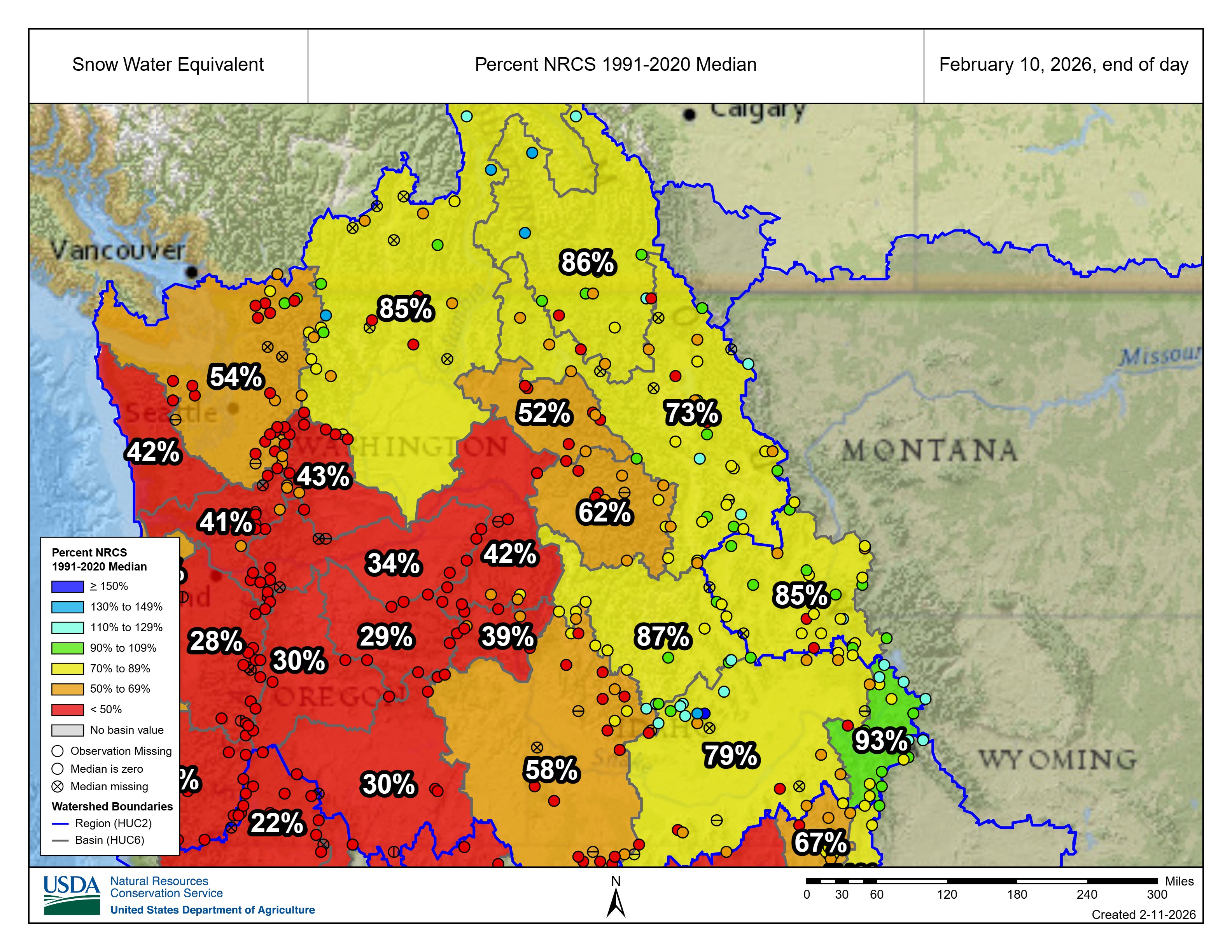 caption: The snow-water equivalent (snowpack) across the Pacific Northwest as of Feb. 10, 2026. 