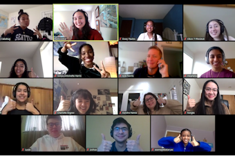 caption: Participants in RadioActive's 2020 Advanced Producers Workshop during an online meeting.