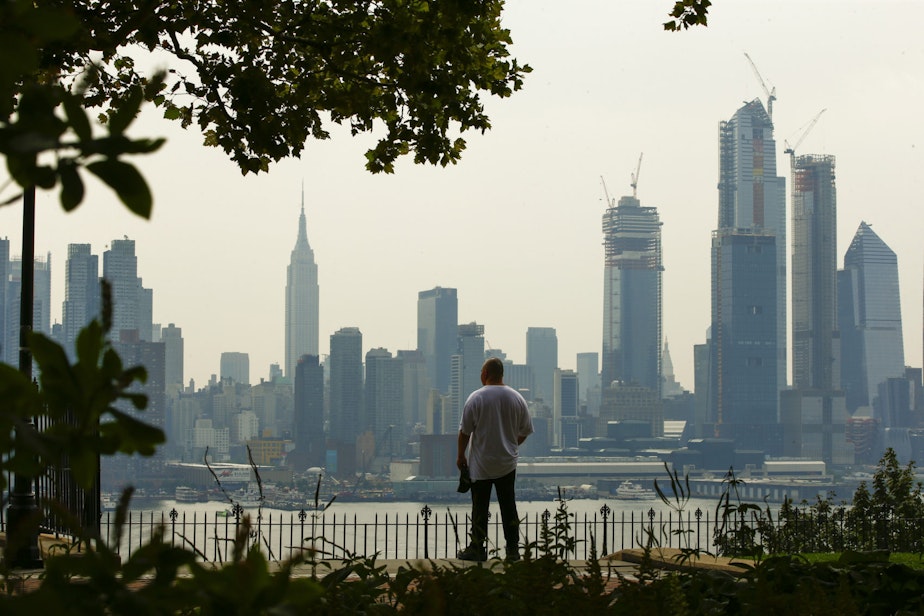 caption: A man takes a look at the haze over the New York skyline during a heat advisory on August 17, 2018, in Weehawken, New Jersey. (Eduardo Munoz Alvarez/Getty Images)