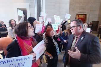 caption: In the Tennessee capitol, state Rep. Matthew Hill took heat from abortion-rights proponents last month who had gathered to protest a bill he favored that would ban abortions after about six weeks' pregnancy. That legislation was eventually thwarted in the Tennessee senate, however, when some of his fellow Republicans voted it down, fearing the high cost of court challenges.