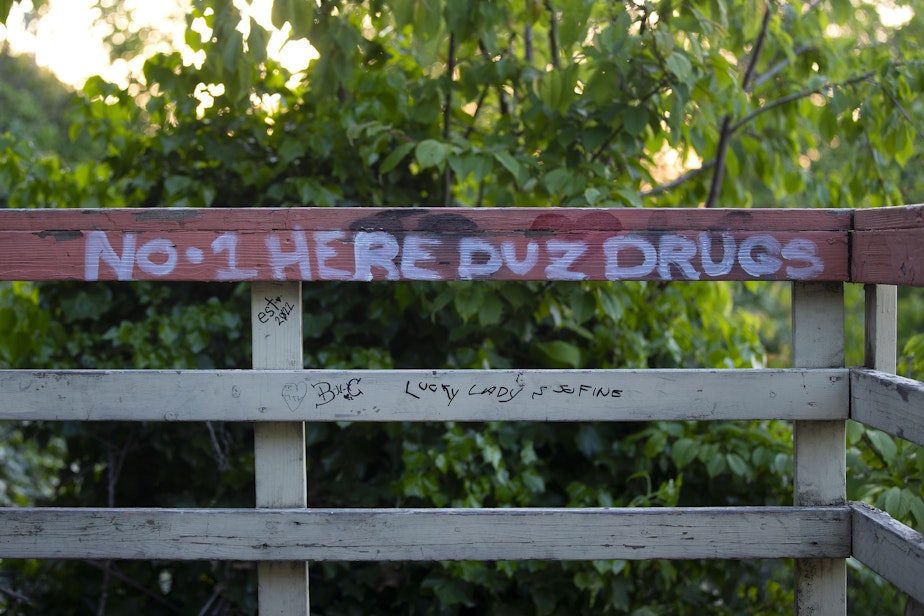 caption: ‘No 1 here duz drugs’ is written along a fence on a set of stairs that lead to W. First Street on Wednesday, May 24, 2023, in Port Angeles.