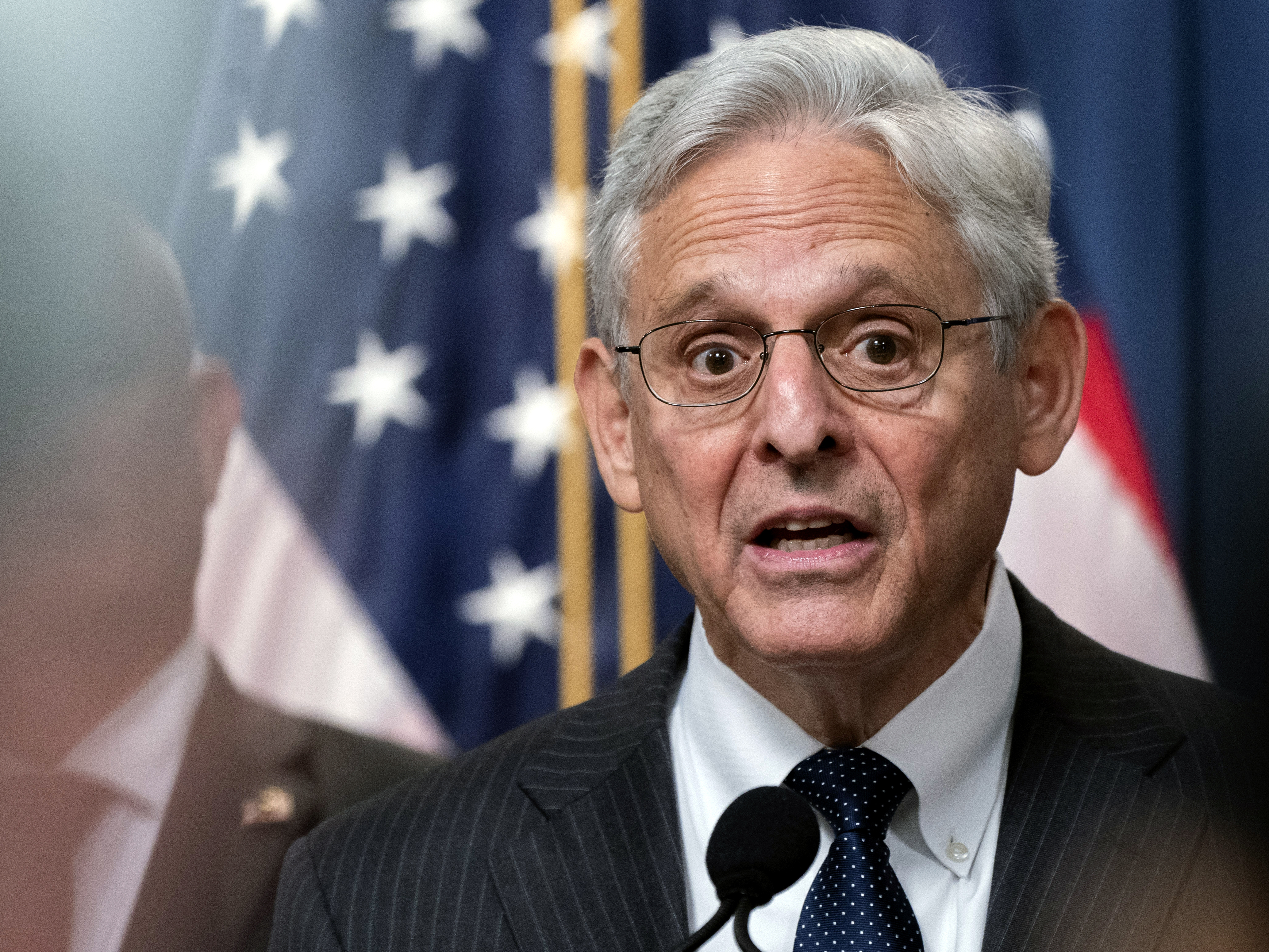 caption: Attorney General Merrick Garland attends a news conference at the Department of Justice, Monday, June 13, 2022 in Washington.