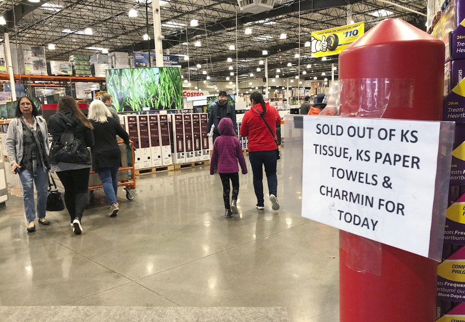 caption: Shoppers visit a Costco Wholesale in Tigard, Ore., Saturday, Feb. 29, 2020, after reports of Oregon's first case of coronavirus was announced in the nearby Oregon city of Lake Oswego on Friday. (AP Photo/Gillian Flaccus)