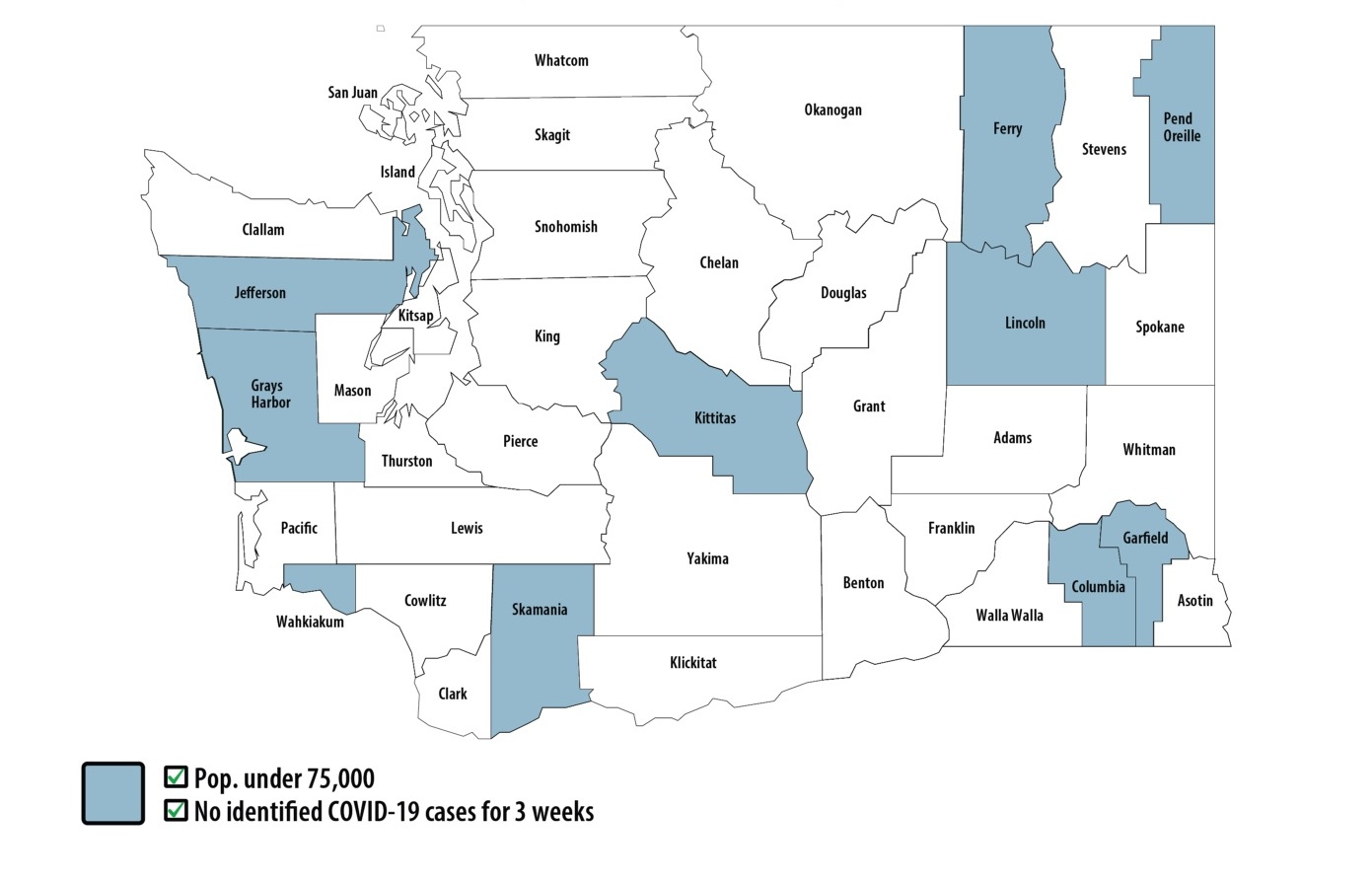 caption: Map of the ten counties allowed to apply for early relaxation of COVID-19 restrictions.