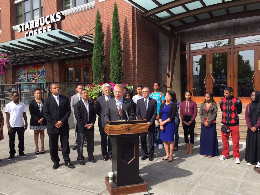 caption: Seattle Mayor Ed Murray announces the growth of his Youth Employment Initiative at the headquarters of Starbucks, which has hired interns this summer.