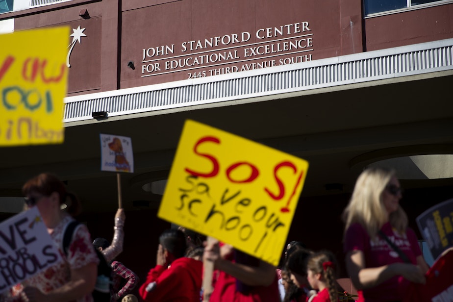 caption: Hundreds of Seattle Public Schools students and parents gathered for a rally demanding that schools remain open, ahead of the Seattle Public Schools board meeting on Wednesday, September 18, 2024, at the John Stanford Center for Educational Excellence building in Seattle.