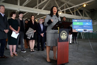 caption: San Francisco Mayor London Breed speaks during a news conference at the future site of a Transitional Age Youth Navigation Center on January 15, 2020 in San Francisco, California. (Justin Sullivan/Getty Images)