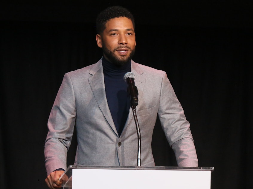caption: Jussie Smollett, seen speaking last month at an awards ceremony held in Los Angeles by Children's Defense Fund California.