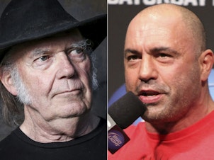 caption: This combination photo shows Neil Young in 2016, left, and UFC announcer and podcaster Joe Rogan in 2012. Spotify said Sunday that it will add content advisories before podcasts discussing the coronavirus. The move follows protests of the music streaming service that were kicked off by Young over the spread of COVID-19 vaccine misinformation.