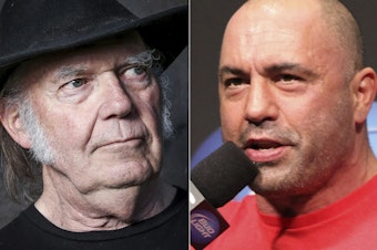 caption: This combination photo shows Neil Young in 2016, left, and UFC announcer and podcaster Joe Rogan in 2012. Spotify said Sunday that it will add content advisories before podcasts discussing the coronavirus. The move follows protests of the music streaming service that were kicked off by Young over the spread of COVID-19 vaccine misinformation.