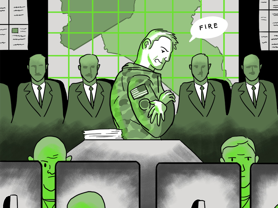 caption: Neal stands in a room with military cyber operators from Joint Task Force ARES to launch an operation that would become one of the largest and longest offensive cyber operations in U.S. military history.