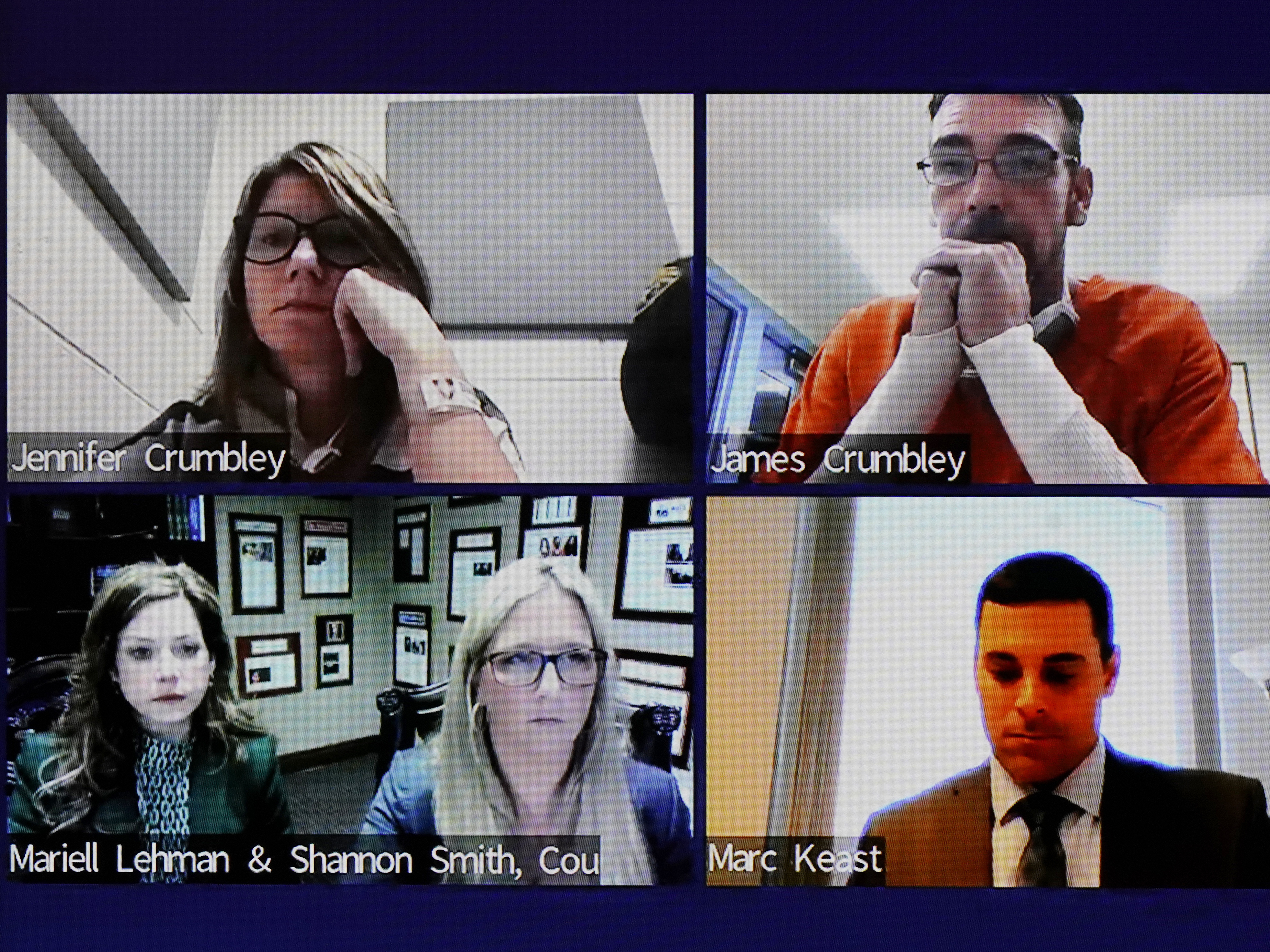 caption: Jennifer and James Crumbley (top) made a court appearance via Zoom on Friday, where their request for a lower bail amount was denied by a judge.