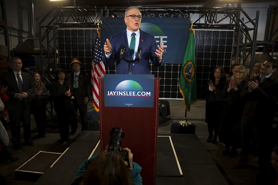 caption: Governor Jay Inslee announces his candidacy for President on Friday, March 1, 2019, at A&R Solar on Martin Luther King Jr. Way in Seattle. 
