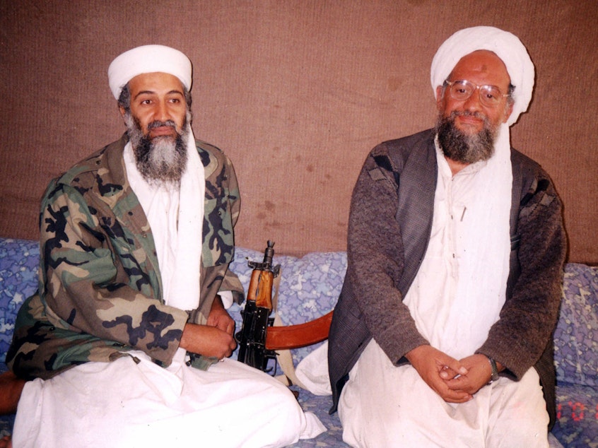 caption: Osama bin Laden (left) sits with his No. 2, Ayman al-Zawahiri, for an interview that was published in November 2001, shortly after the 9/11 attacks. The U.S. says it killed al-Zawahiri in a drone strike in Kabul on Sunday.