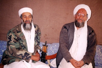 caption: Osama bin Laden (left) sits with his No. 2, Ayman al-Zawahiri, for an interview that was published in November 2001, shortly after the 9/11 attacks. The U.S. says it killed al-Zawahiri in a drone strike in Kabul on Sunday.