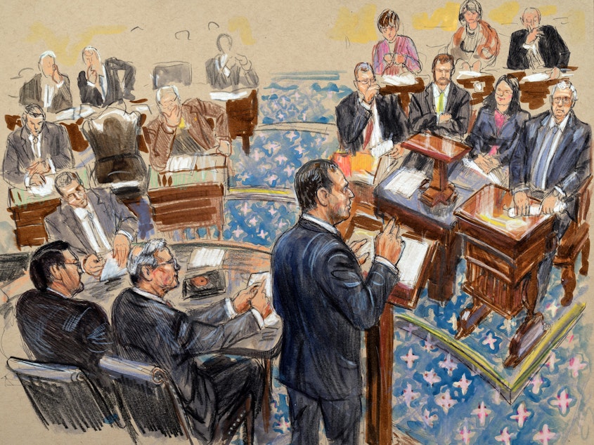 caption: An artist sketch depicts impeachment manager Rep. Adam Schiff, D-Calif., presenting an argument in the impeachment trial of President Trump in the Senate chamber.