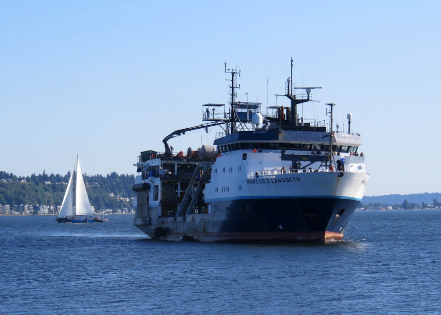 caption: The research vessel Marcus Langseth approaches the Port of Seattle on July 11, 2021, after a 41-day seismic survey of the Cascadia Subduction Zone.