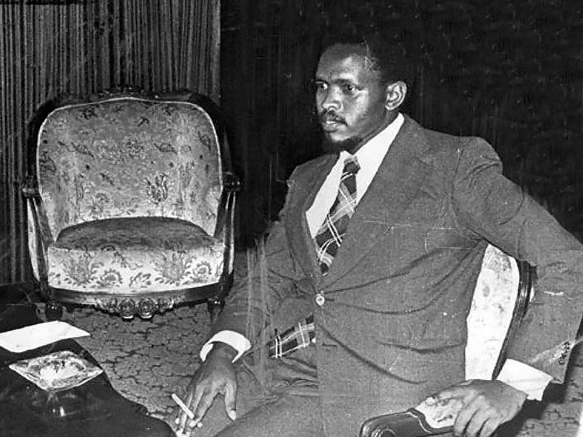 caption: Anti-apartheid activist Stephen Biko is seen in this undated image.