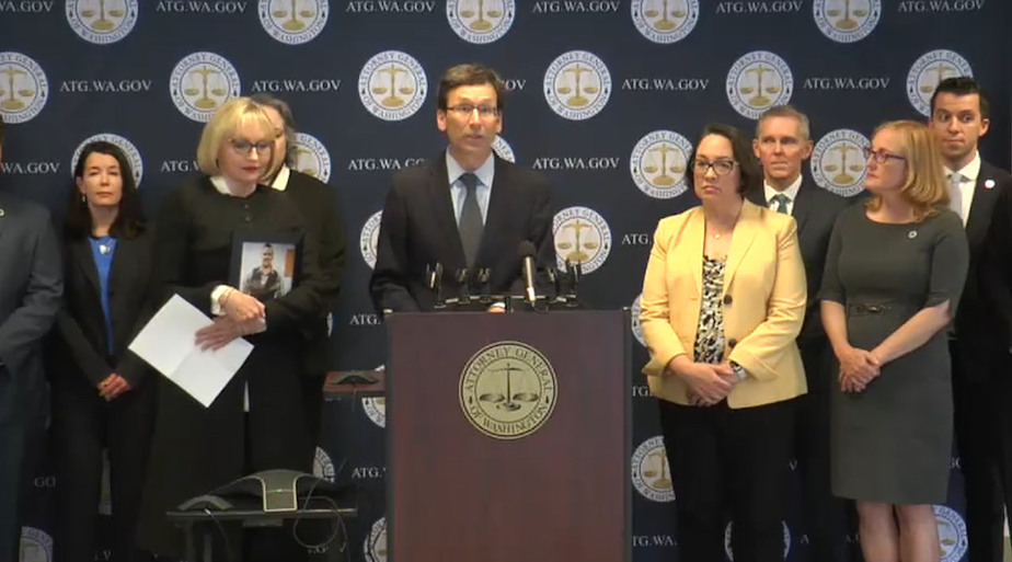 caption:  Attorney General Bob Ferguson announces an agreement with three major opioid distributors to settle a lawsuit that had gone to trial, but had not yet concluded. Under the agreement, the state and local governments will share a $476 million settlement to address the ongoing public health fallout from the opioid crisis. 