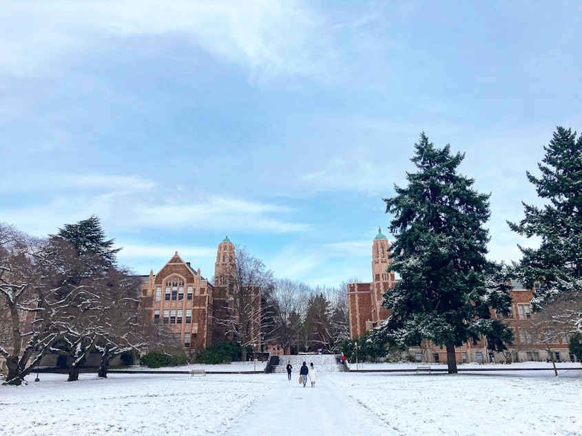 caption: Blue skies and sunshine belie freezing temperatures on the University of Washington Seattle campus on Wednesday, December 29, 2021.
