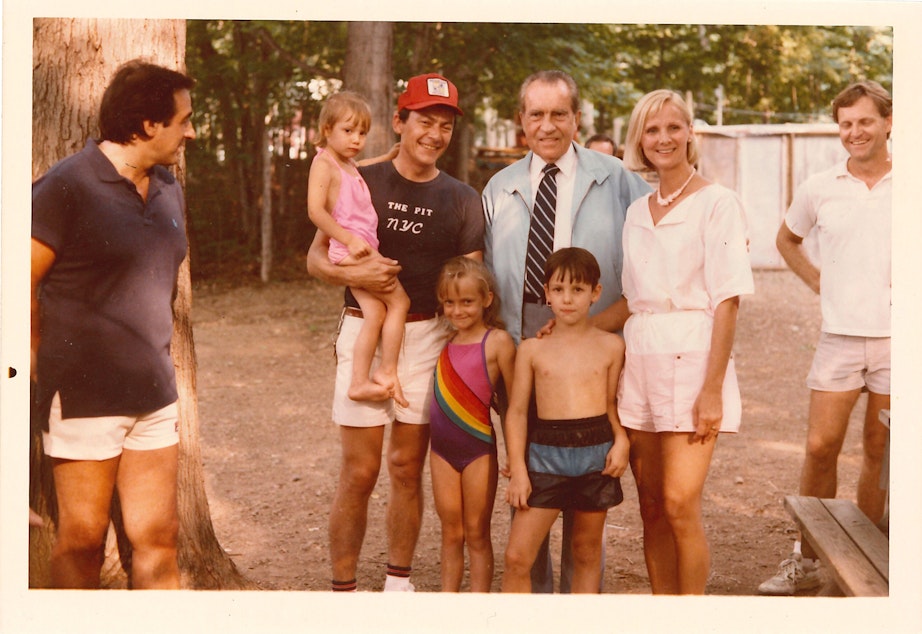 caption: Agent Frank Murphy and his family pose with former President Richard Nixon during a picnic in upper Saddle River, New Jersey.