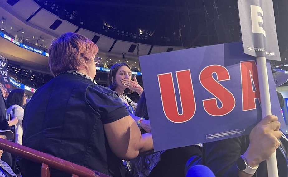 caption: Tamara Erickson, a Jewish delegate, puts her hand over her mouth with the words "No More Bombs" in marker, as a delegate partially blocks the view of her with a "USA" sign.