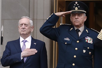 caption: Former Defense Secretary Jim Mattis, left, and former Mexican Defense Secretary Gen. Salvador Cienfuegos Zepeda during an honor cordon at the Pentagon in 2017. Mexico cleared Cienfuegos of all charges related to drug trafficking on Thursday.