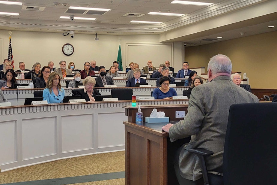 caption:  Rep. Jim Walsh (R-Aberdeen) offered testimony at a joint committee hearing on I-2111, a measure to prohibit any new income taxes in Washington, Tuesday, Feb. 27, 2024. Walsh is the chair of the Washington State Republican Party, as well as the official sponsor of the initiatives being heard in the Legislature this week. 