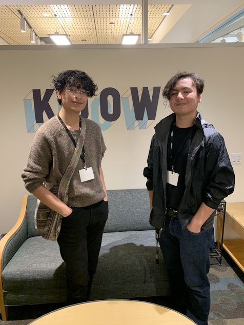 caption: Youth reporters Antonio Nevarez (left), a freshman at Seattle Pacific University, and Hayden Yu Andersen, a senior at Chief Sealth High School, in the KUOW studios. They reported on youth advocacy to end gun violence for KUOW's Seattle Now podcast.
