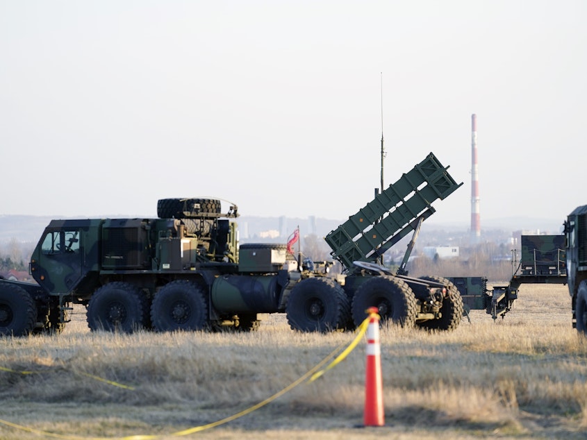 caption: A Patriot missile launcher seen in Poland in March.