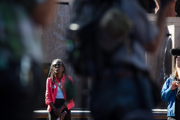 caption: <p>Portland City Council candidate Jo Ann Hardesty at a protest in downtown Portland, July 1, 2018.</p>