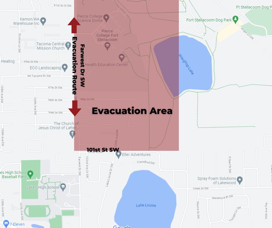 caption: A map from the Lakewood Police Department detailing parts of a residential area asked to evacuate as crews battled a large fire in neighboring Fort Steilacoom Park, Aug. 16, 2023. 
