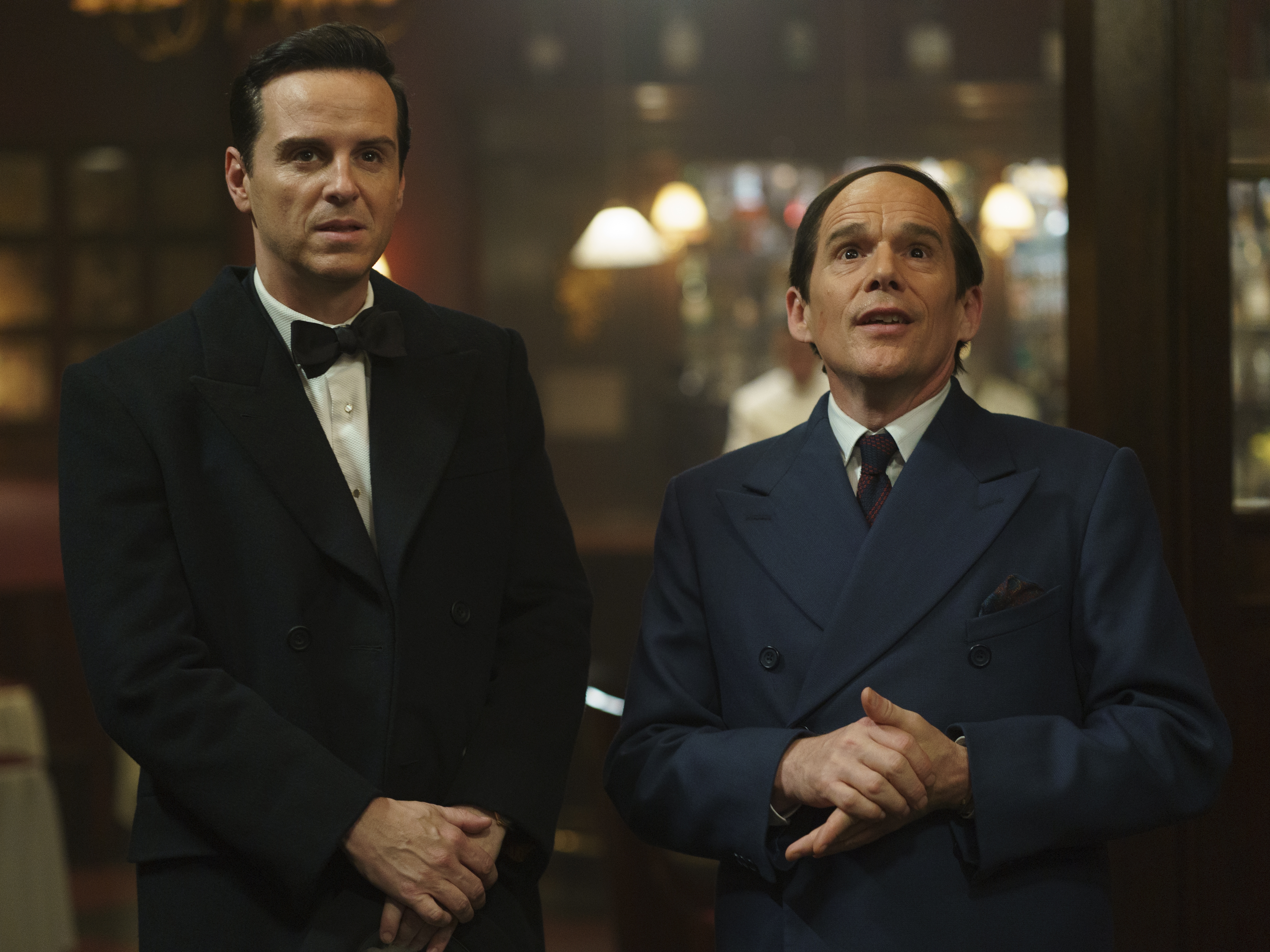 caption: Andrew Scott, left, as Richard Rodgers and Ethan Hawke, right, as Lorenz Hart in Richard Linklater's <em>Blue Moon.</em>