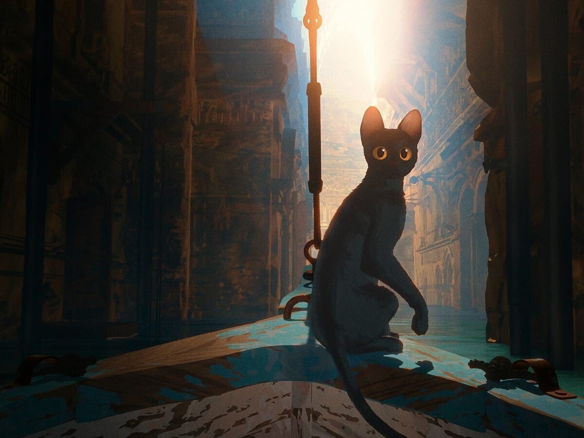 caption: A slate-gray cat hops aboard a sailboat in an effort to avoid a great flood in <em>Flow</em>.