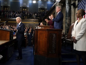 caption: President Biden prepares to deliver the State of the Union address to a joint session of Congress at the Capitol on Feb. 7 as Vice President Kamala Harris, House Speaker Kevin McCarthy of Calif., and Clerk of the House of the Representatives Cheryl Johnson watch.