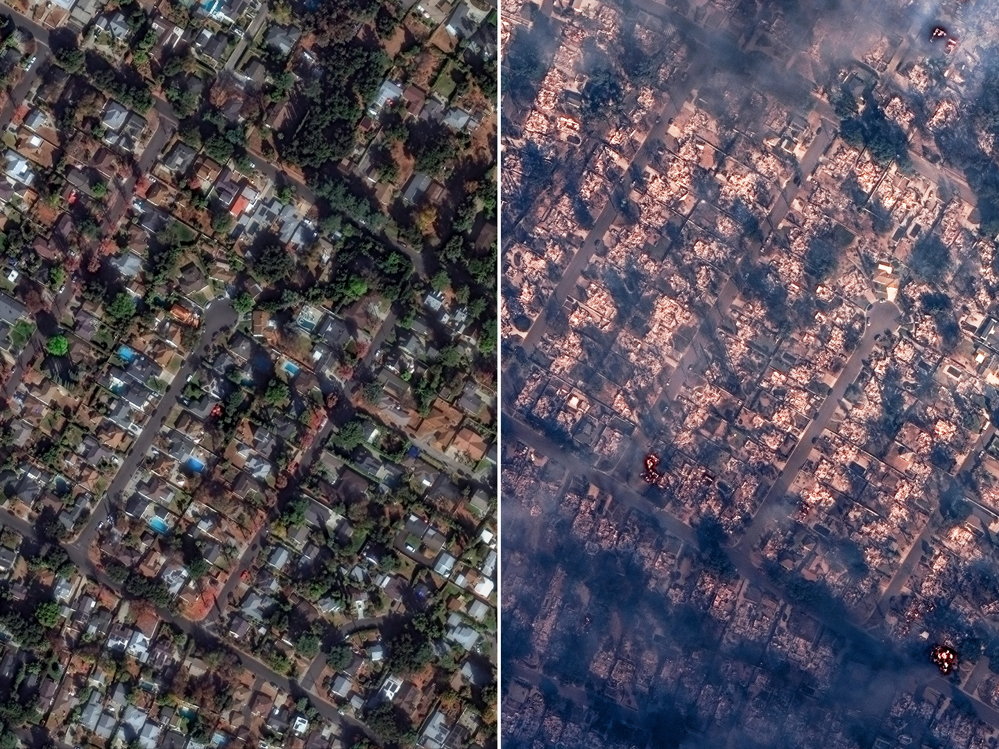 caption: Wed., Jan. 8: Before/after view of burning and destroyed houses near Marathon Road, Altadena.