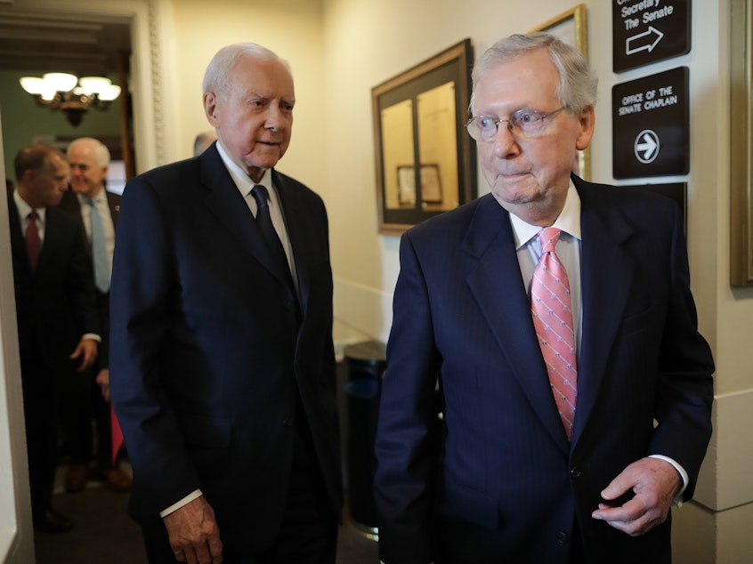 caption: Senate Majority Leader Mitch McConnell, R-Ky., and Republican members of the Senate Judiciary Committee, including Sen. Orrin Hatch, R-Utah, arrive for a news conference on Thursday, reiterating their plan to bring Brett Kavanaugh's Supreme Court nomination to the Senate floor, with a key procedural vote on Friday morning.