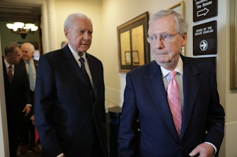 caption: Senate Majority Leader Mitch McConnell, R-Ky., and Republican members of the Senate Judiciary Committee, including Sen. Orrin Hatch, R-Utah, arrive for a news conference on Thursday, reiterating their plan to bring Brett Kavanaugh's Supreme Court nomination to the Senate floor, with a key procedural vote on Friday morning.