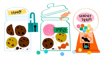 An illustration of three candy jars. The first jar on the left is locked shut and reads "HMO," the jar in the middle has the lid cracked and reads "PPO," and the last jar is a candy machine that requires a coin to be inserted to release a piece of candy.