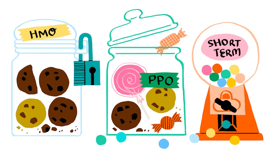 An illustration of three candy jars. The first jar on the left is locked shut and reads "HMO," the jar in the middle has the lid cracked and reads "PPO," and the last jar is a candy machine that requires a coin to be inserted to release a piece of candy.