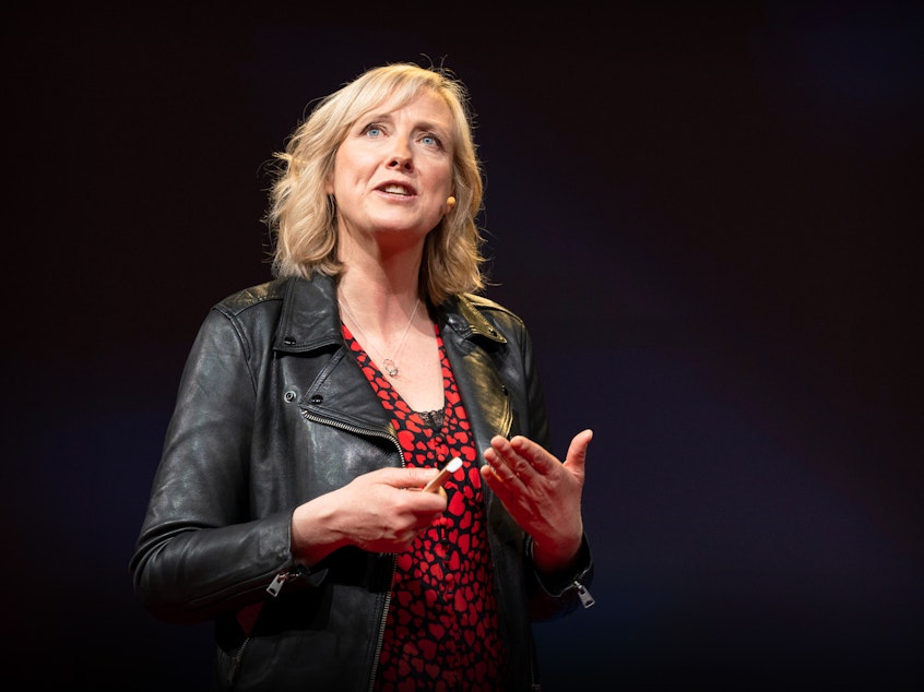 caption: Carole Cadwalladr on the TED stage