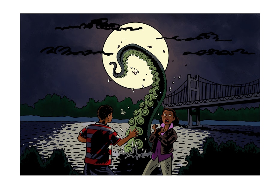 caption: A 15-year-old boy from Tacoma was walking down Titlow Beach with a girl he liked when he saw a giant thing - that looked like an octopus tentacle - emerge from the water. He ran, screaming.