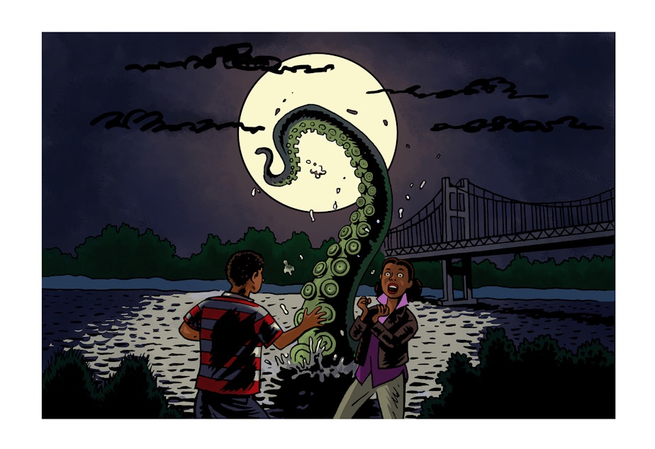 caption: A 15-year-old boy from Tacoma was walking down Titlow Beach with a girl he liked when he saw a giant thing - that looked like an octopus tentacle - emerge from the water. He ran, screaming.