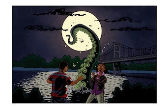 caption: A 15-year-old boy from Tacoma was walking down Titlow Beach with a girl he liked when he saw a giant thing - that looked like an octopus tentacle - emerge from the water. He ran, screaming.